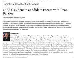 2008 U.S. Senate Candidate Forum with Dean Barkley | Humphrey School of Public Affairs Humphrey School of Public Affairs 2008 U.S