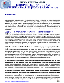 Ii Chronicles 32:1-8, 22-23 Hezekiah Rallies Judah's Army