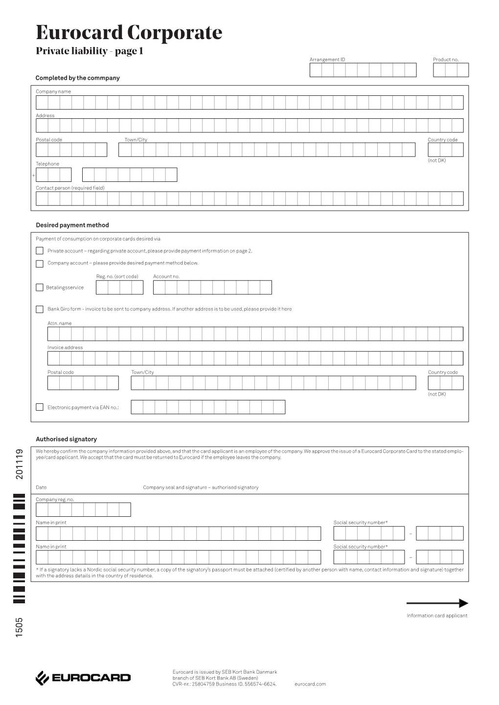 Eurocard Corporate Private Liability - Page 1 Arrangement ID Product No