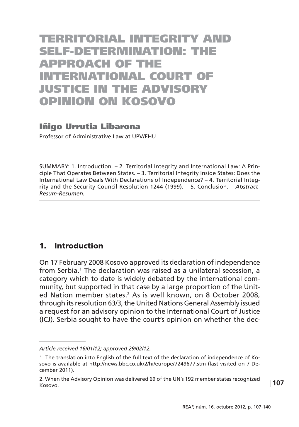 Territorial Integrity and Self-Determination: the Approach of the International Court of Justice in the Advisory Opinion on Kosovo