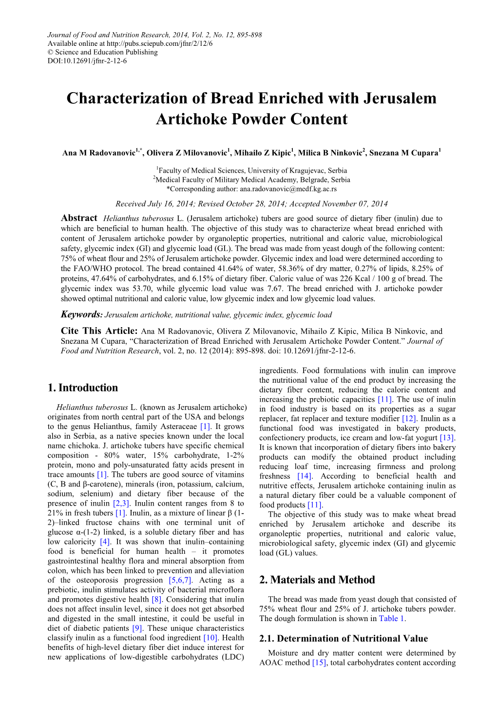 Characterization of Bread Enriched with Jerusalem Artichoke Powder Content