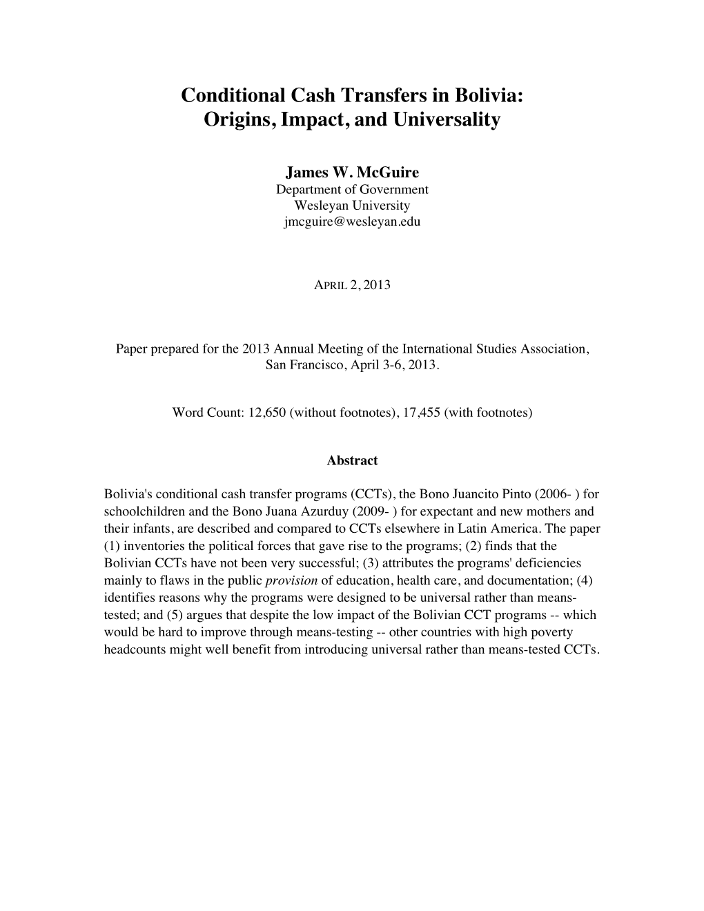 Conditional Cash Transfers in Bolivia: Origins, Impact, and Universality