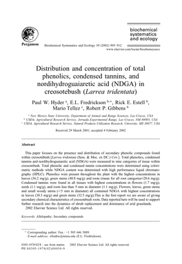 Distribution and Concentration of Total Phenolics, Condensed Tannins, and Nordihydroguaiaretic Acid (NDGA) in Creosotebush (Larrea Tridentata) Paul W