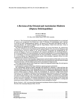 A Revision of the Oriental and Australasian Medetera (Diptera: Dolichopodidae)