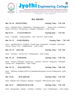 BUS ROUTES Bus No 10 (MANNUTHY) Starting Time