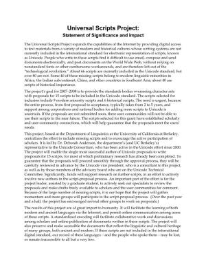 Universal Scripts Project: Statement of Significance and Impact