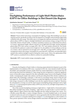 Daylighting Performance of Light Shelf Photovoltaics (LSPV) for Office Buildings in Hot Desert-Like Regions