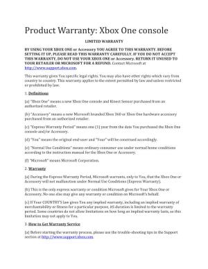 Product Warranty: Xbox One Console