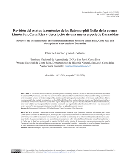 Revisión Del Estatus Taxonómico De Los Batomorphii Fósiles De La Cuenca Limón Sur, Costa Rica Y Descripción De Una Nueva Especie De Dasyatidae