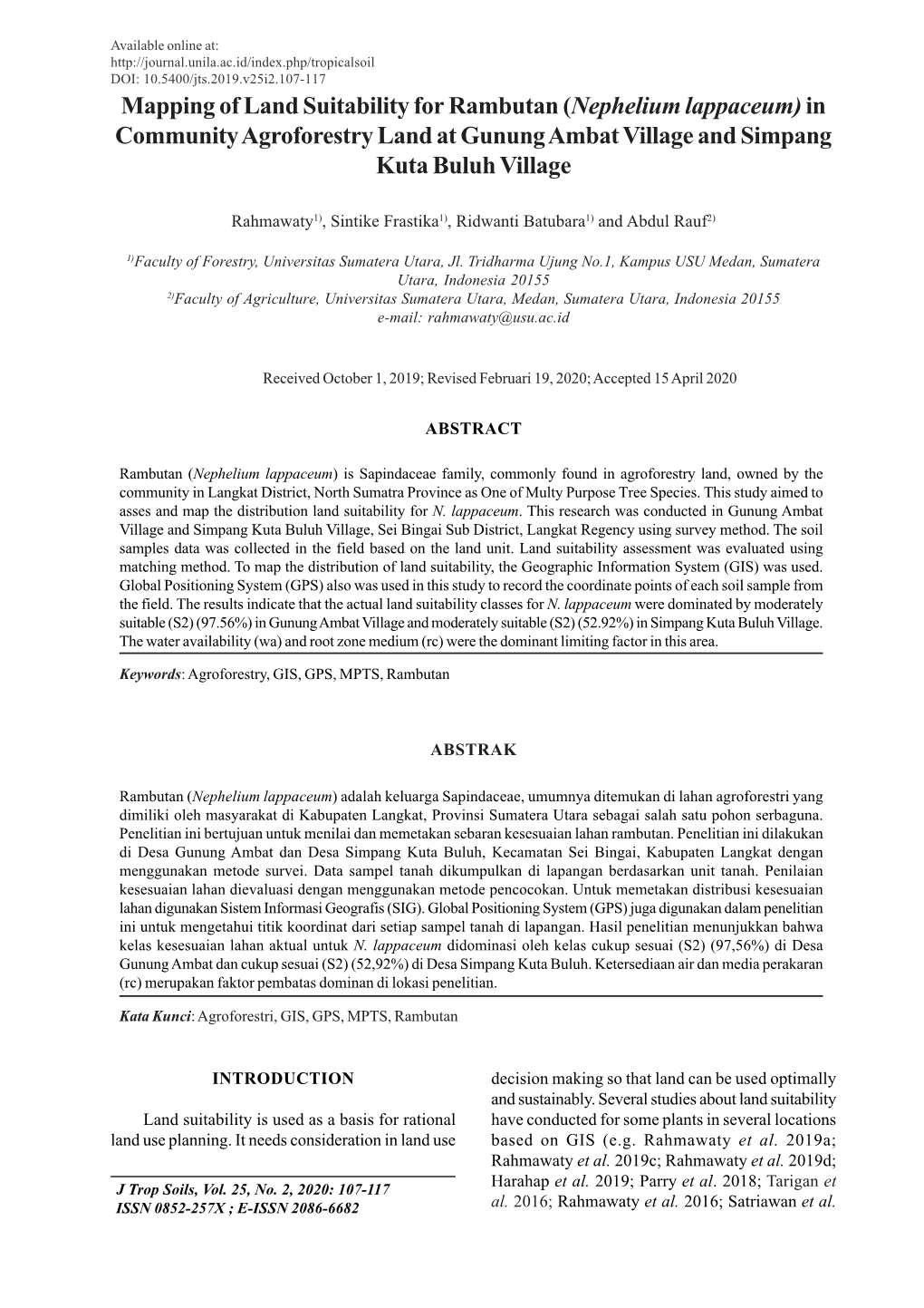 Mapping of Land Suitability for Rambutan (Nephelium Lappaceum) in Community Agroforestry Land at Gunung Ambat Village and Simpang Kuta Buluh Village