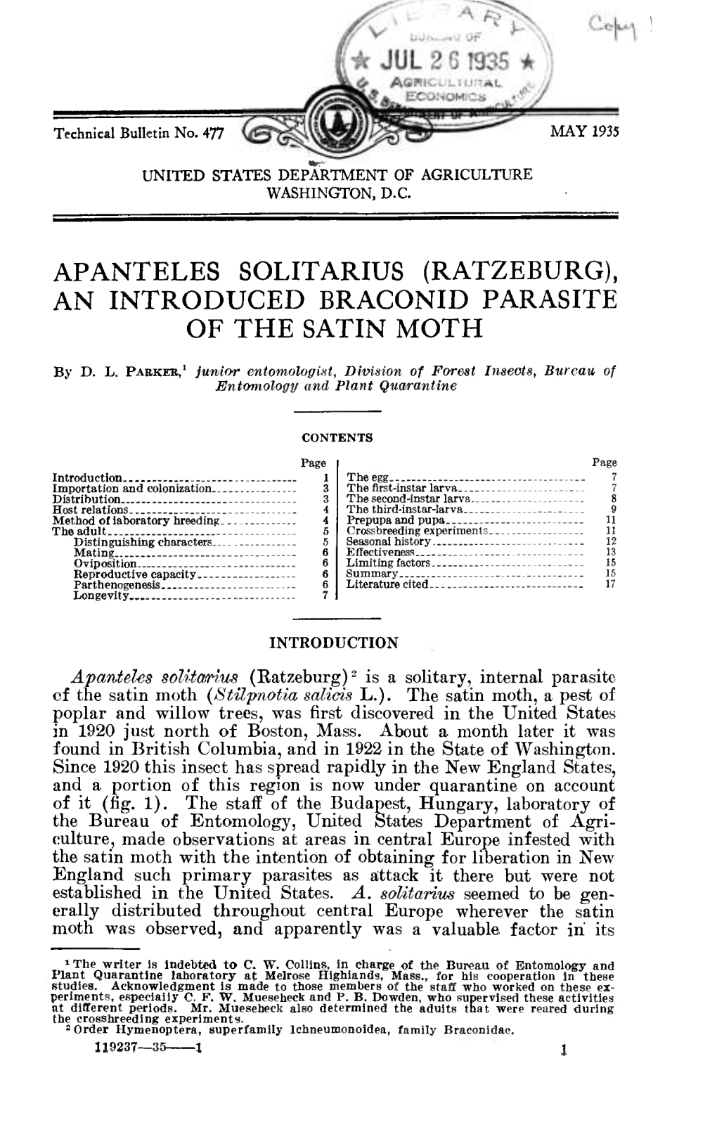 Apanteles Solitarius (Ratzeburg), an Introduced Braconid Parasite of the Satin Moth
