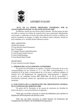 Acta De La Sesión Ordinaria Celebrada Por El Ayuntamiento Pleno El Día 30 De Julio De 2.009