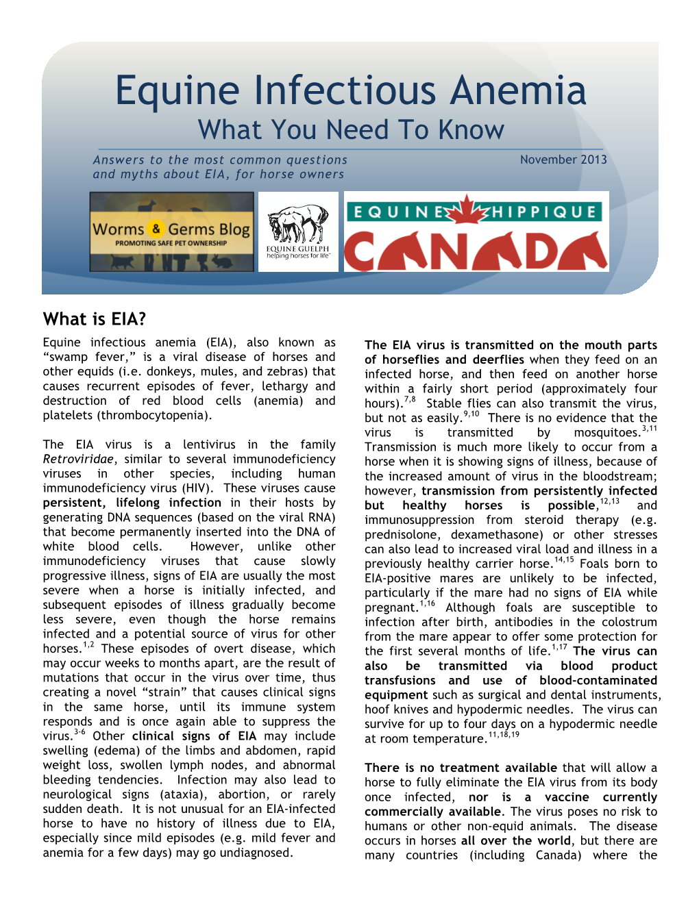 Equine Infectious Anemia What You Need to Know Answers to the Most Common Questions November 2013 and Myths About EIA, for Horse Owners