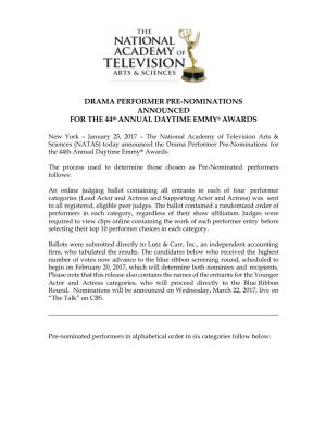 DRAMA PERFORMER PRE-NOMINATIONS ANNOUNCED for the 44Th ANNUAL DAYTIME EMMY® AWARDS
