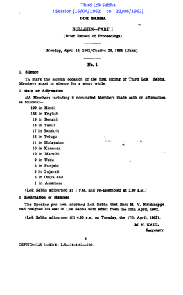 Third Lok Sabha I Session (16/04/1962 to 22/06/1962) LOK Saliba