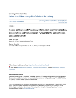 Horses As Sources of Proprietary Information: Commercialization, Conservation, and Compensation Pursuant to the Convention on Biological Diversity