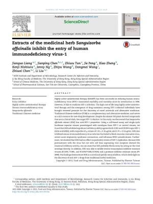 Extracts of the Medicinal Herb Sanguisorba Officinalis Inhibit the Entry of Human Immunodeficiency Virus-1