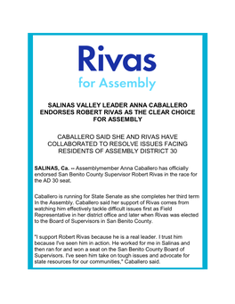 Salinas Valley Leader Anna Caballero Endorses Robert Rivas As the Clear Choice for Assembly