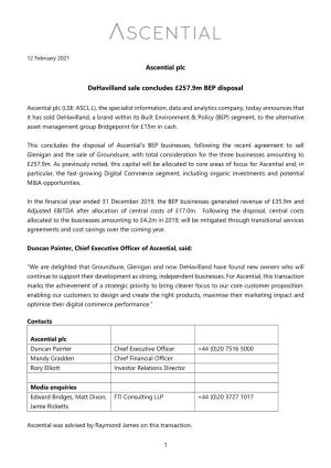 Ascential Plc Dehavilland Sale Concludes £257.9M BEP Disposal