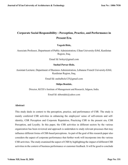Corporate Social Responsibility : Perception, Practice, and Performance in Present Era