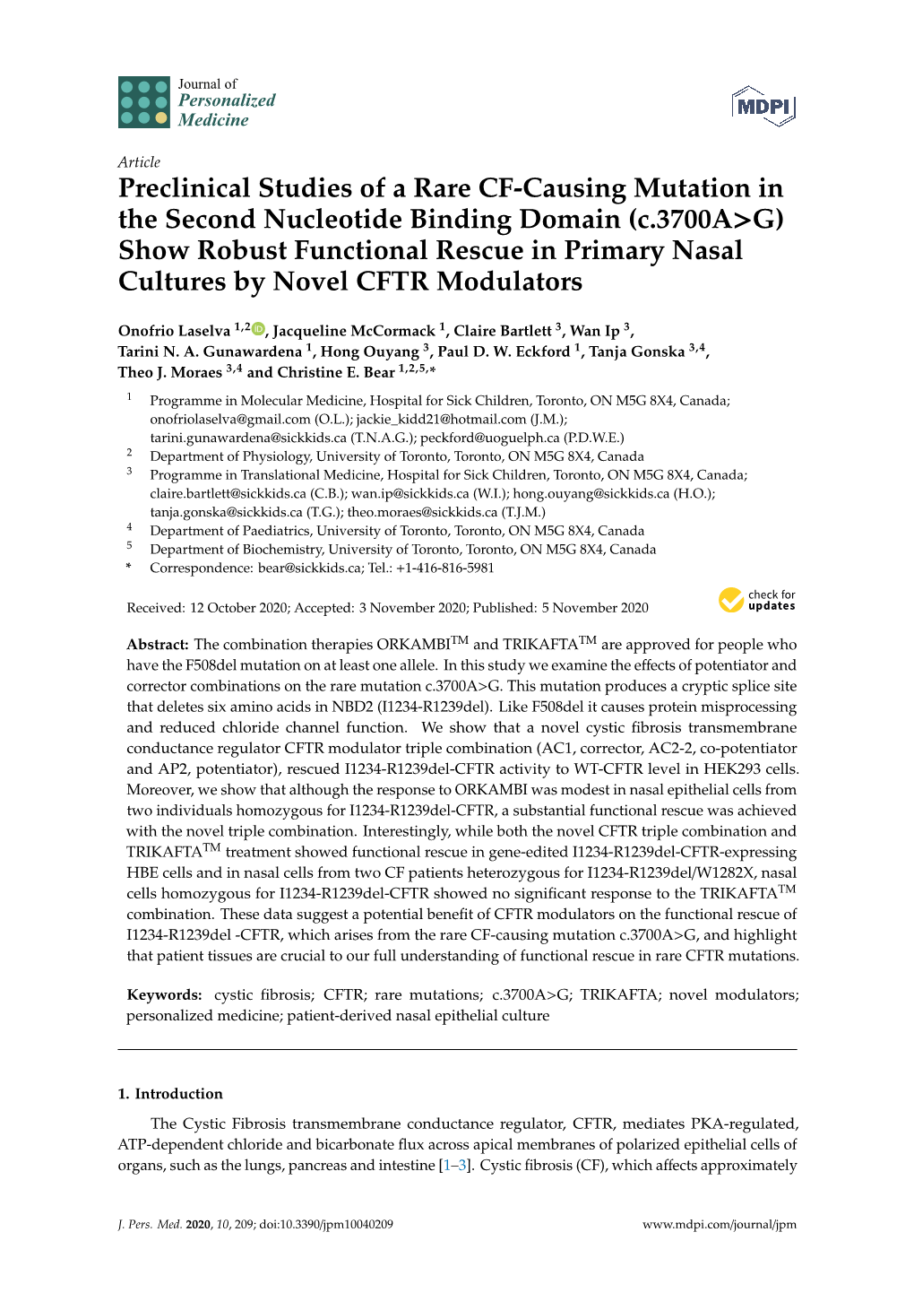 Preclinical Studies of a Rare CF-Causing Mutation in the Second Nucleotide Binding Domain (C.3700A>G) Show Robust Functional