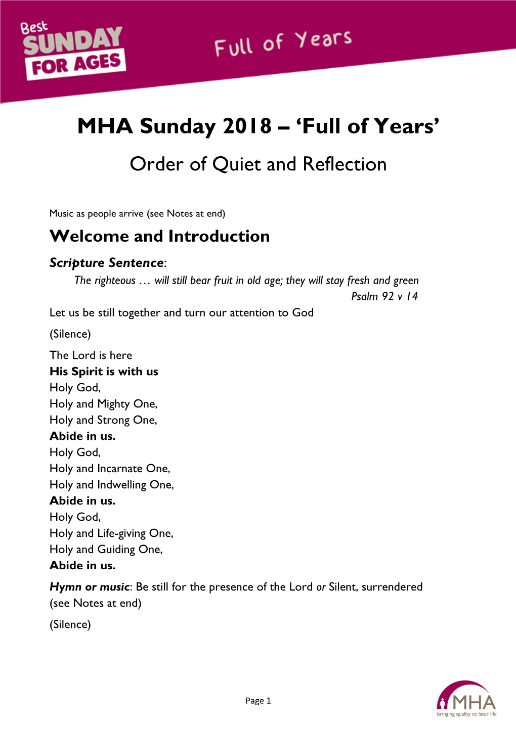 MHA Sunday 2018 – ‘Full of Years’ Order of Quiet and Reflection