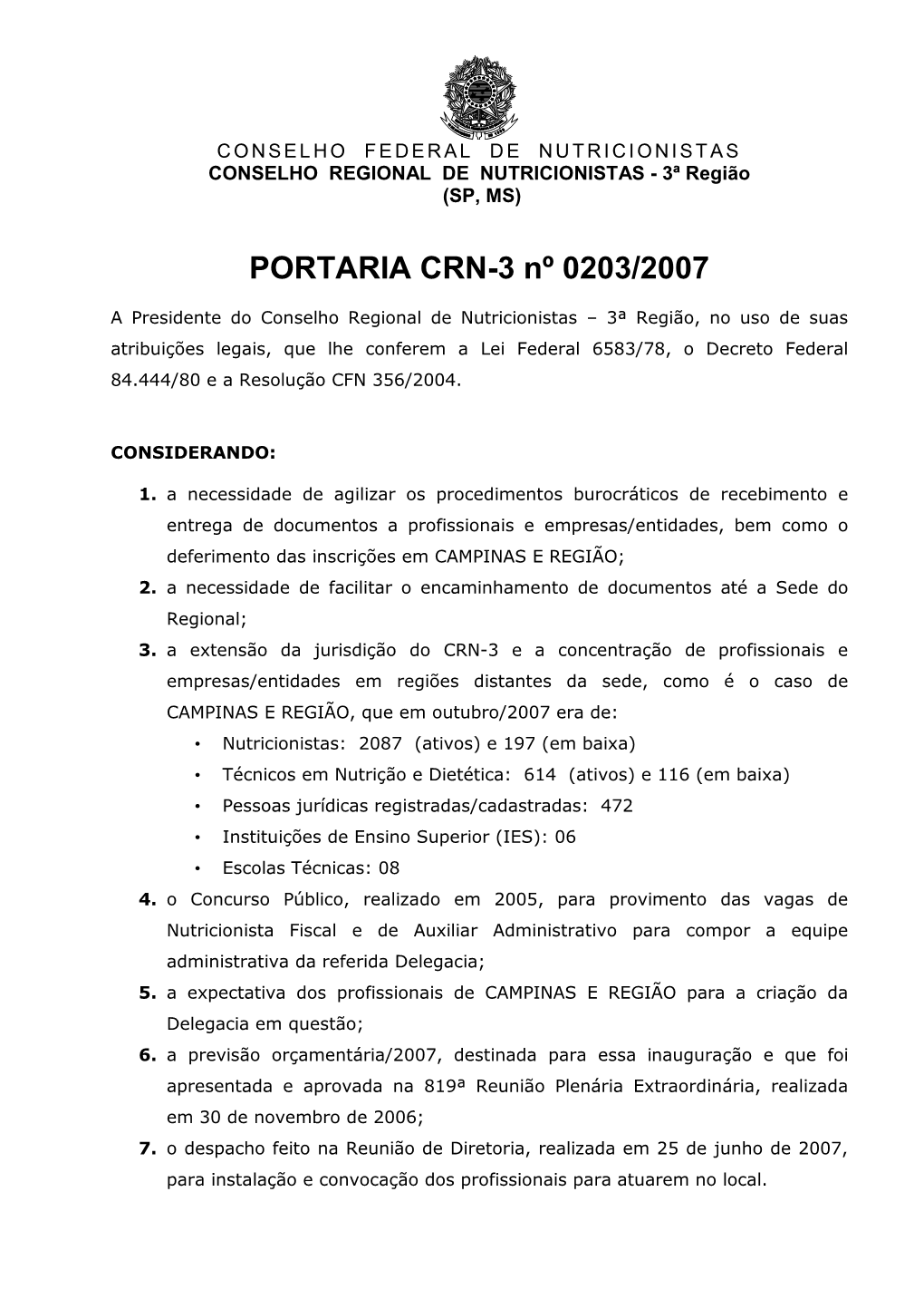 PORTARIA CRN-3 Nº 0203/2007