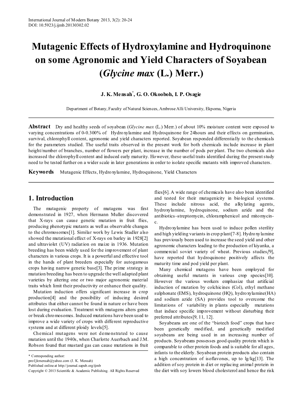 Mutagenic Effects, Hydroxylamine, Hydroquinone, Yield Characters