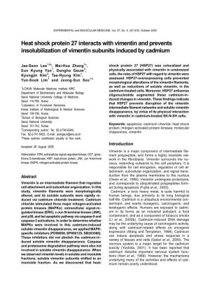 Heat Shock Protein 27 Interacts with Vimentin and Prevents Insolubilization of Vimentin Subunits Induced by Cadmium