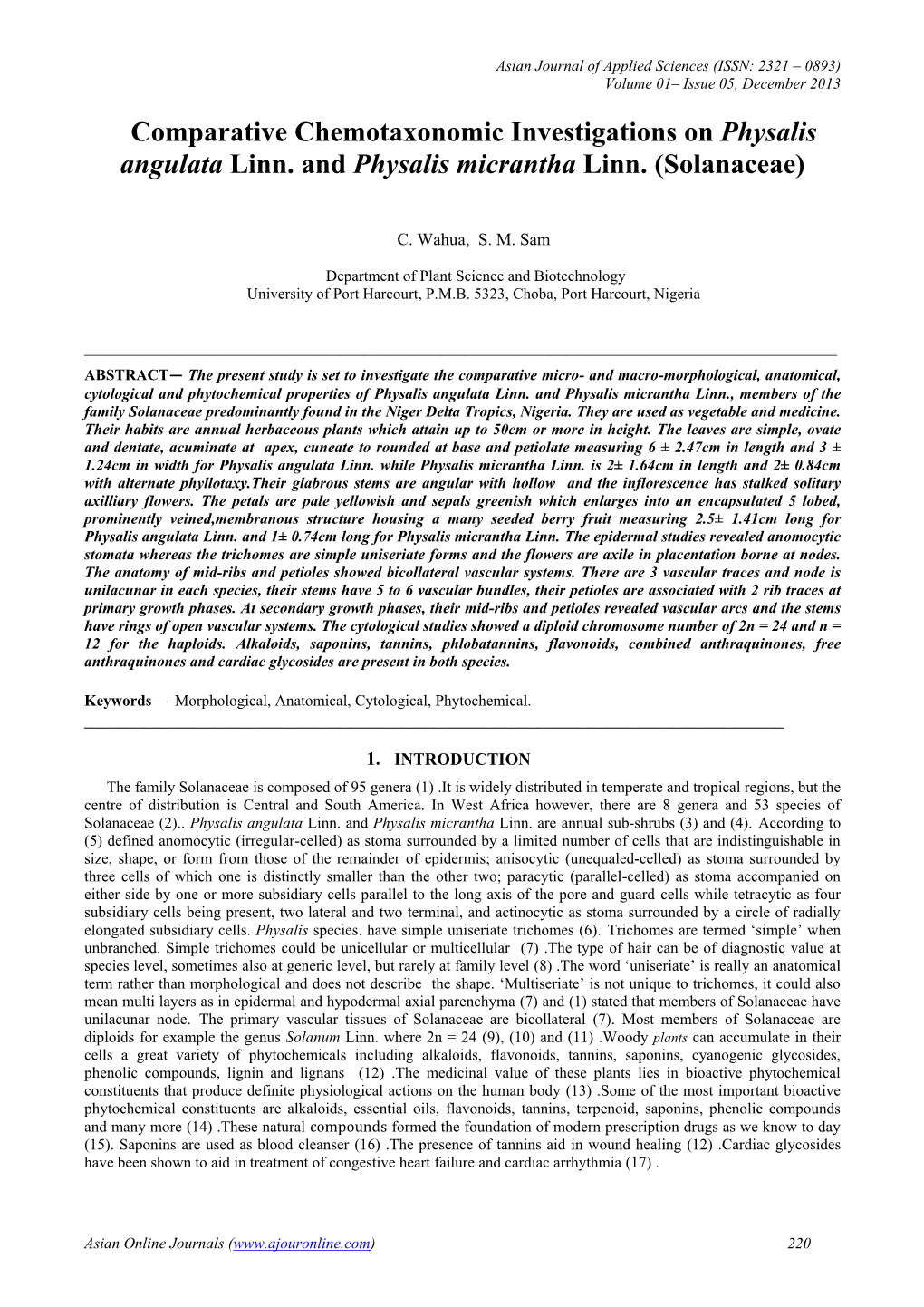 Comparative Chemotaxonomic Investigations on Physalis Angulata Linn