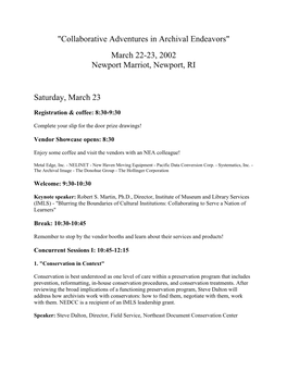 "Collaborative Adventures in Archival Endeavors" March 22-23, 2002 Newport Marriot, Newport, RI Saturday, March 23