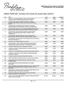 UNSOLD ITEMS for - Animation 2017 Auction 94, Auction Date: 6/8/2017