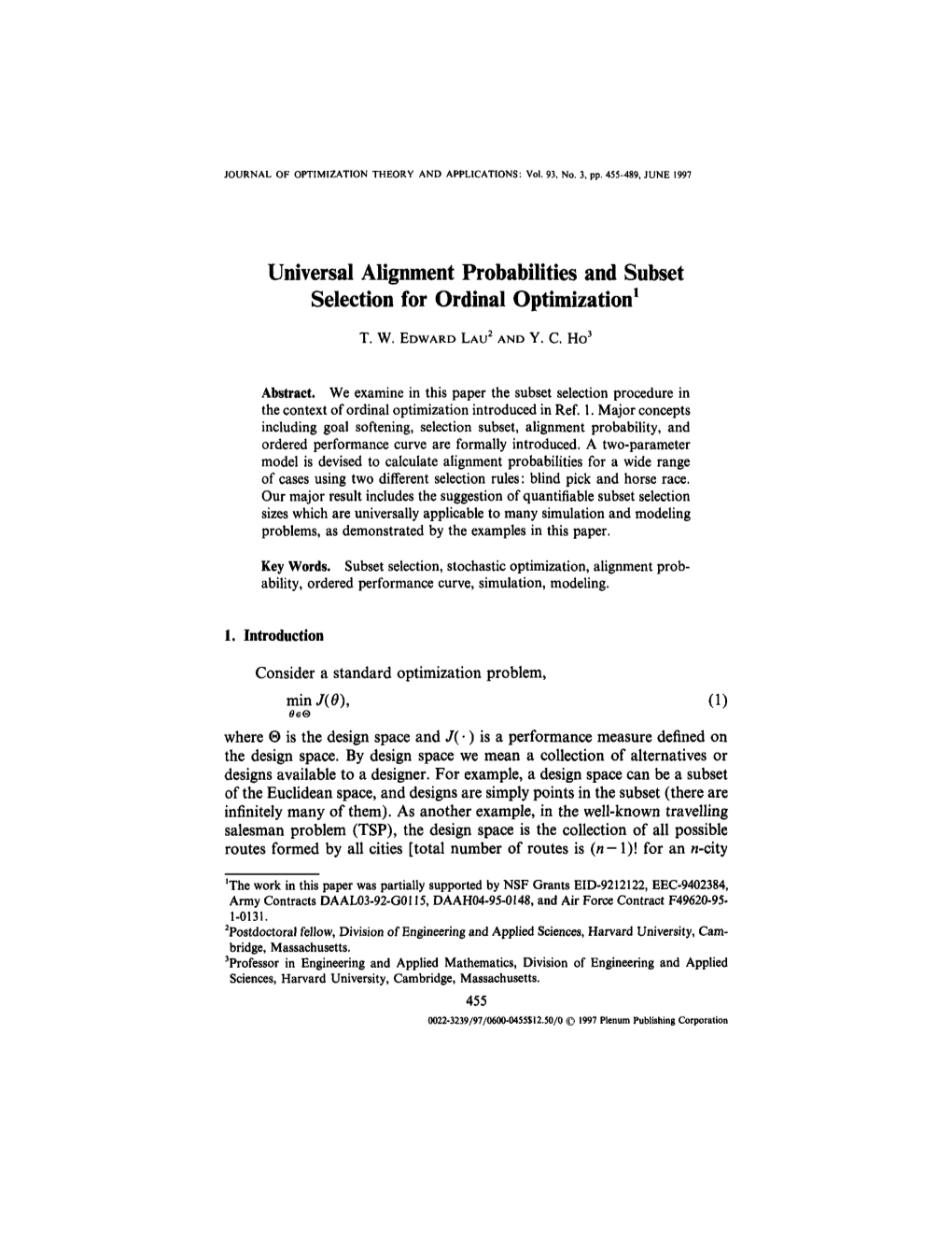 Universal Alignment Probabilities and Subset Selection for Ordinal Optimization1