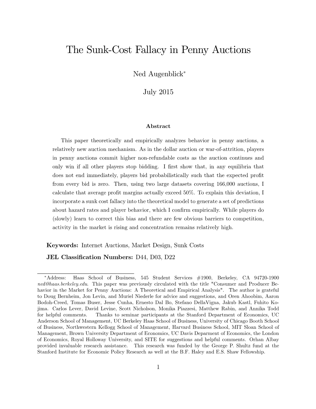 The Sunk-Cost Fallacy in Penny Auctions