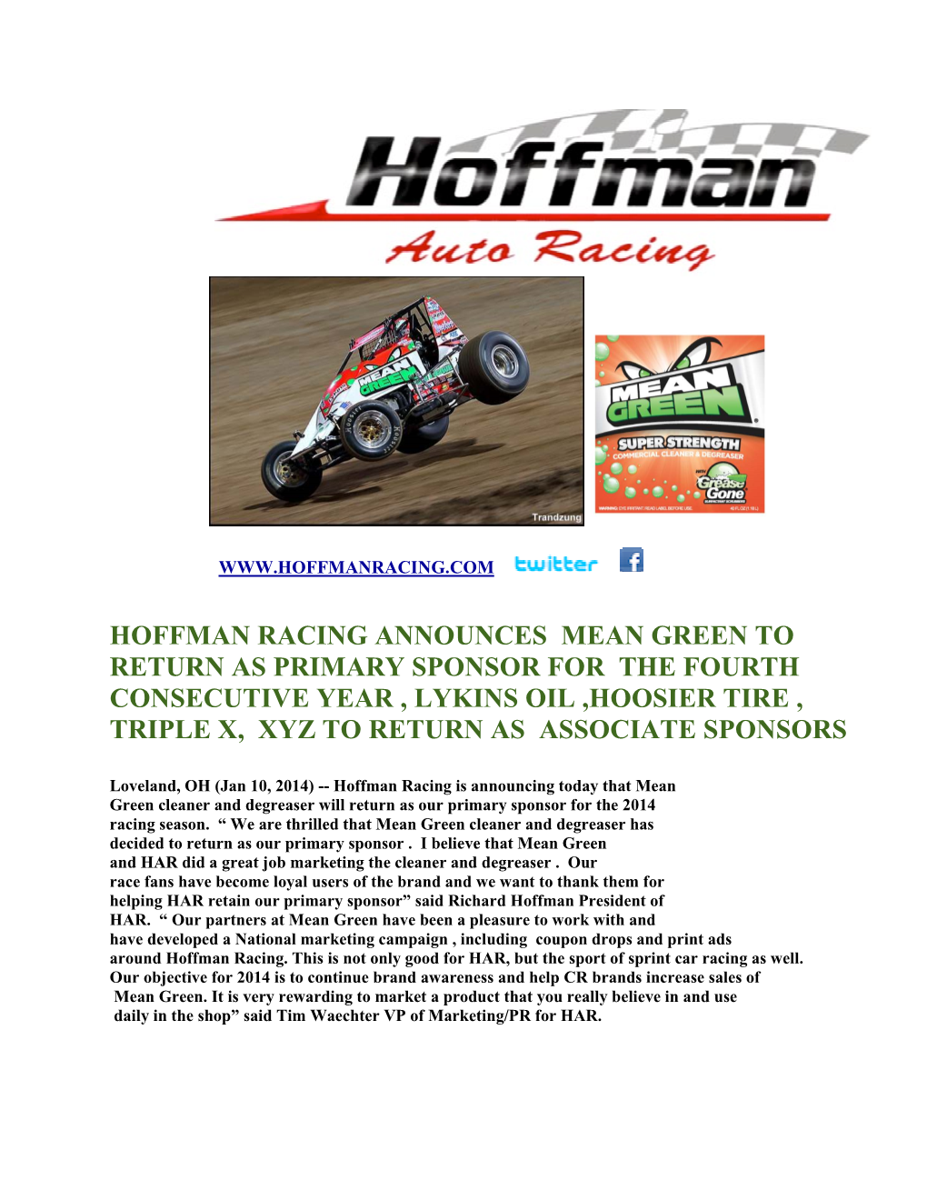 Hoffman Racing Announces Mean Green to Return As Primary Sponsor for the Fourth Consecutive Year , Lykins Oil ,Hoosier Tire