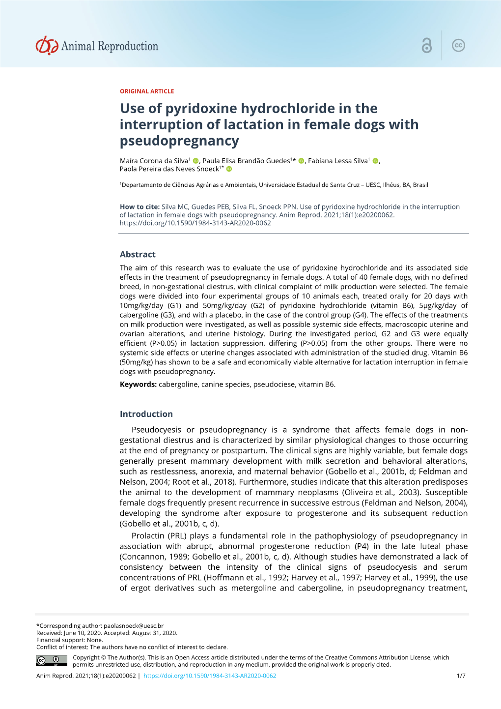 Use of Pyridoxine Hydrochloride in the Interruption of Lactation in Female Dogs with Pseudopregnancy