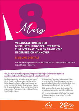 Veranstaltungen Der Gleichstellungsbeauftragten Zum Internationalen Frauentag in Der Region Hannover Live Und Digital!