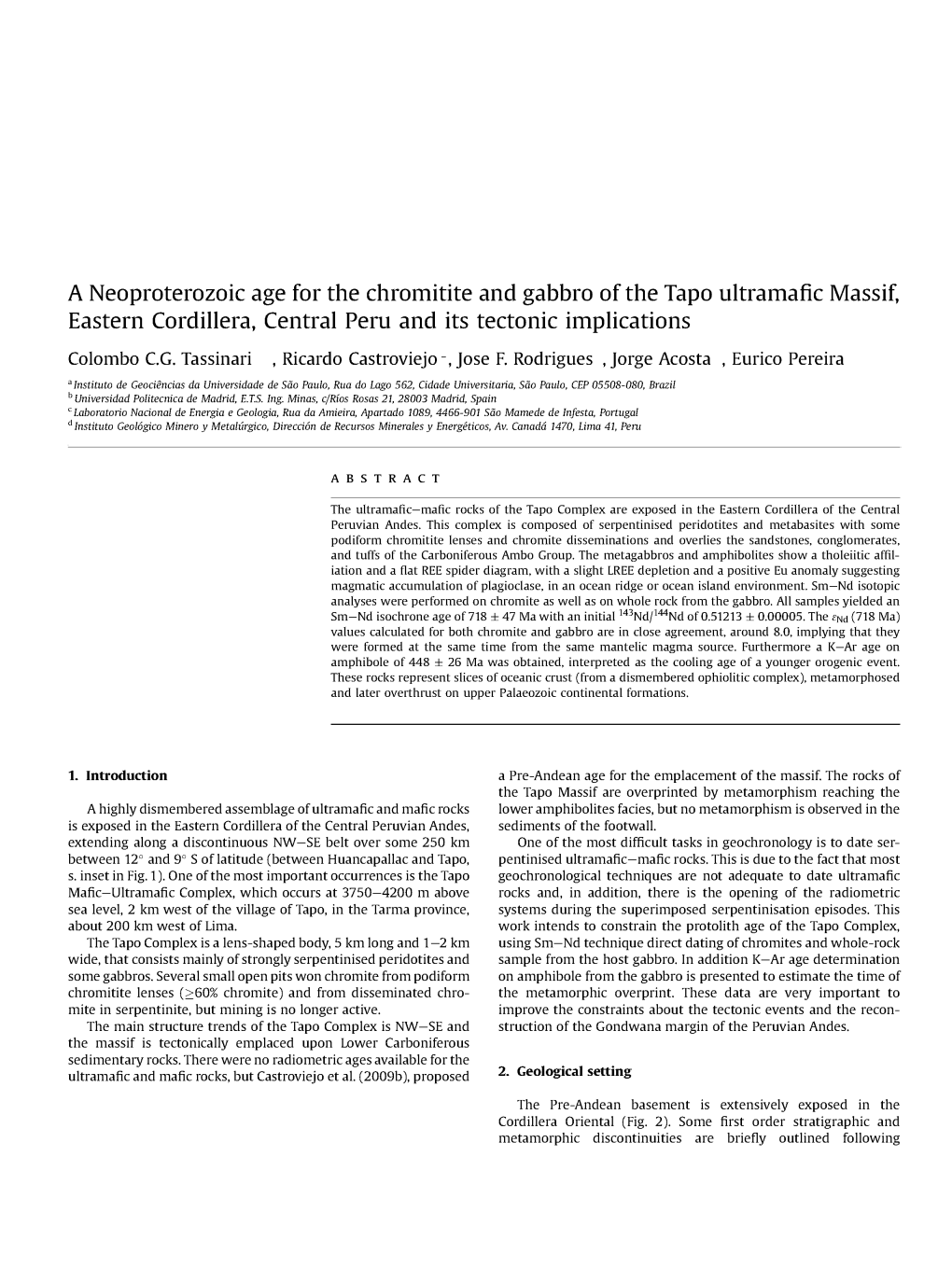 A Neoproterozoic Age for the Chromitite and Gabbro of the Tapo Ultramafic Massif, Eastern Cordillera, Central Peru and Its Tectonic Implications