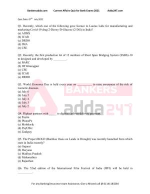 Bankersadda.Com Current Affairs Quiz for Bank Exams 2021 Adda247.Com