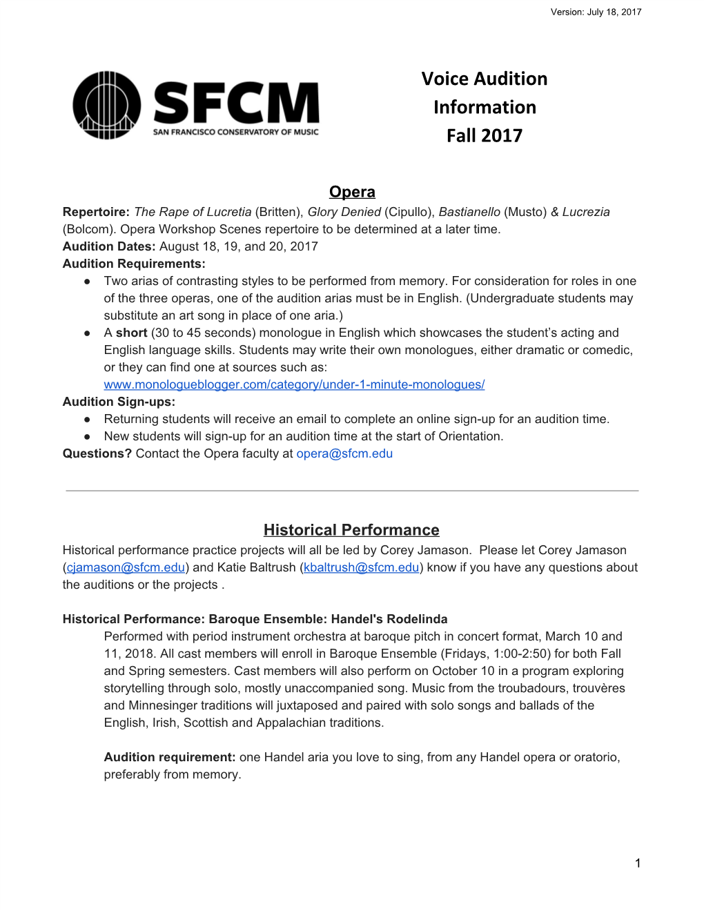 Voice Audition Information Fall 2017