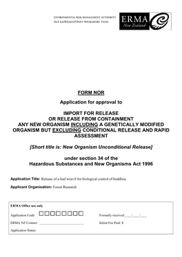 FORM NOR Application for Approval to IMPORT for RELEASE OR