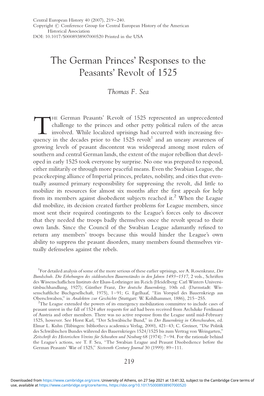The German Princes' Responses to the Peasants' Revolt of 1525