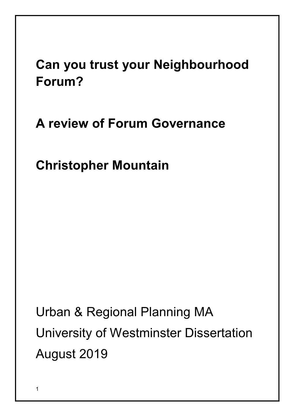 A Review of Forum Governance Christopher Mountain Urban