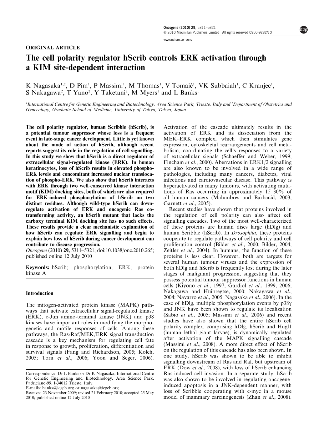 The Cell Polarity Regulator Hscrib Controls ERK Activation Through a KIM Site-Dependent Interaction