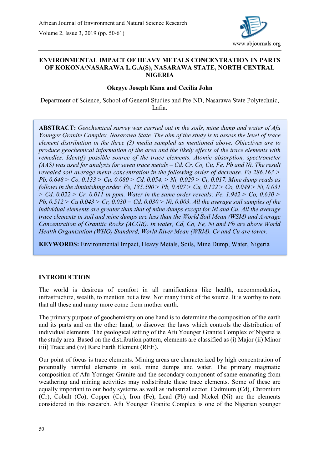 Environmental Impact of Heavy Metals Concentration in Parts of Kokona