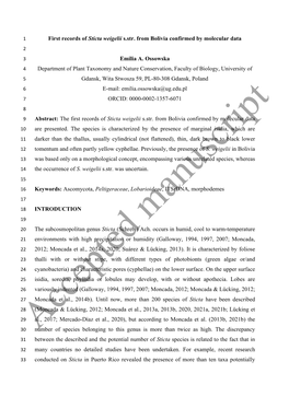 First Records of Sticta Weigelii S.Str. from Bolivia Confirmed by Molecular Data 2 3 Emilia A