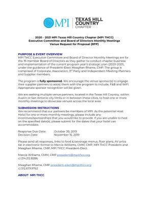 2020 - 2021 MPI Texas Hill Country Chapter (MPI THCC) Executive Committee and Board of Directors Monthly Meetings Venue Request for Proposal (RFP)