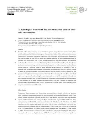 A Hydrological Framework for Persistent River Pools in Semi- Arid Environments
