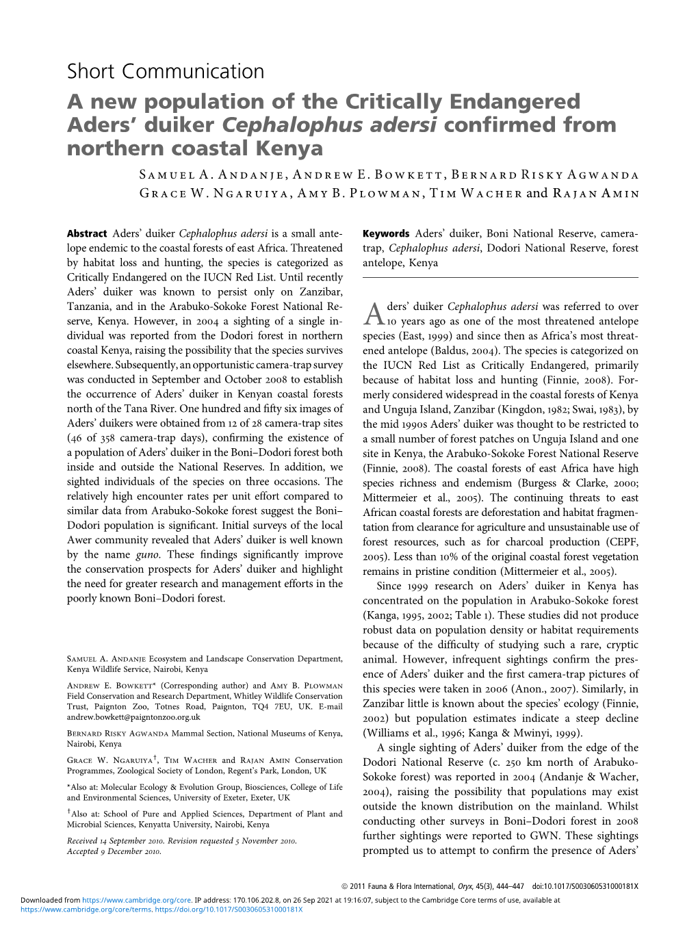 Short Communication a New Population of the Critically Endangered Aders’ Duiker Cephalophus Adersi Conﬁrmed from Northern Coastal Kenya S Amuel A