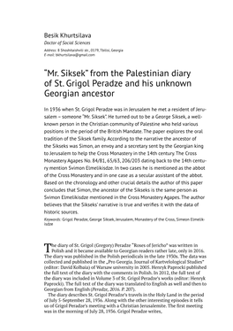 “Mr. Siksek” from the Palestinian Diary of St. Grigol Peradze and His Unknown Georgian Ancestor